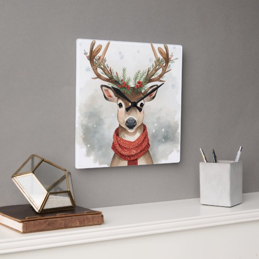 Cute Reindeer Christmas Wall Clock Vierkante Klok (Kantoor)