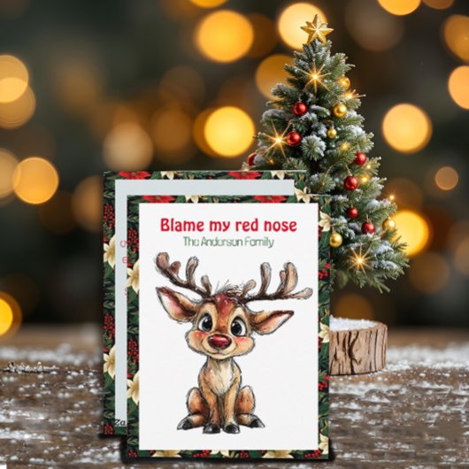 Cute reindeer christmas wish red retro Postcard Feestdagenkaart