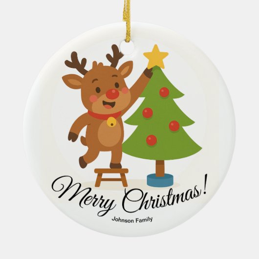 Cute Reindeer Decorating Tree Personalized Name Keramisch Ornament (Achterkant)