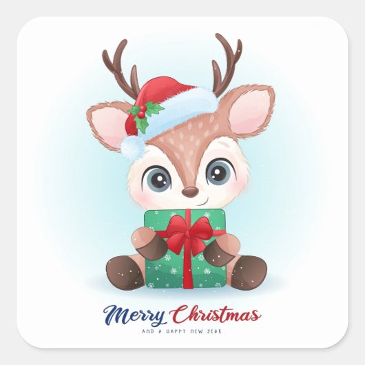 Cute Reindeer en Cadeaus Merry Kerstmis Vierkante Sticker (Voorkant)