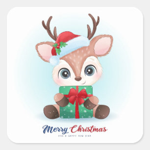 Cute Reindeer en Cadeaus Merry Kerstmis Vierkante Sticker