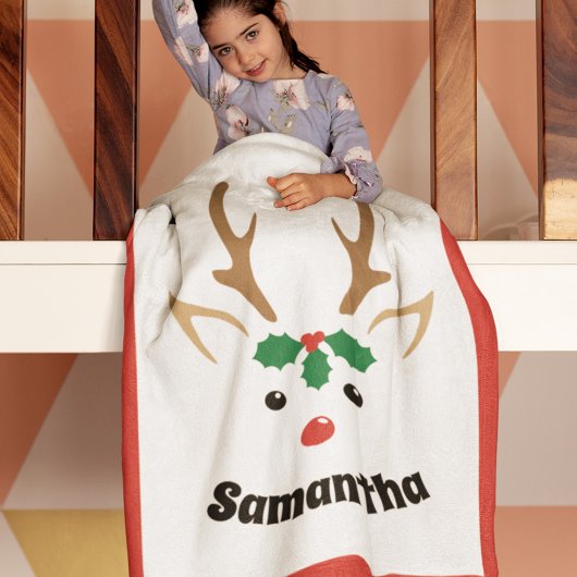 Cute Reindeer Face | Gepersonaliseerd kerstfeest Fleece Deken