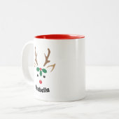 Cute Reindeer Face | Gepersonaliseerd kerstfeest Tweekleurige Koffiemok (Voorkant links)