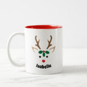 Cute Reindeer Face | Gepersonaliseerd kerstfeest Tweekleurige Koffiemok (Links)