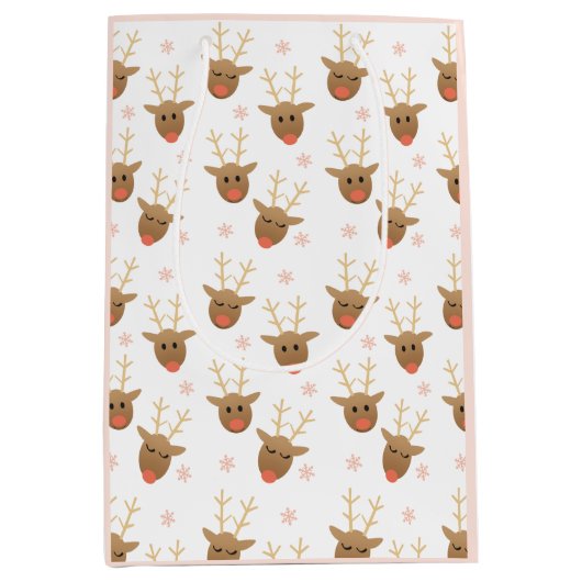 Cute Reindeer Face Pattern Snowflakes Oranje Medium Cadeauzakje (Voorkant)