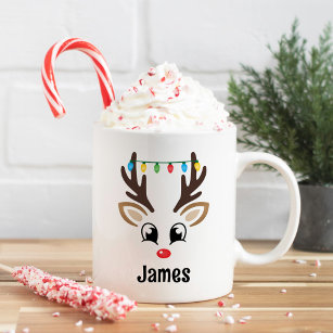 Cute Reindeer Face Persoonlijke kerstnaam Koffiemok
