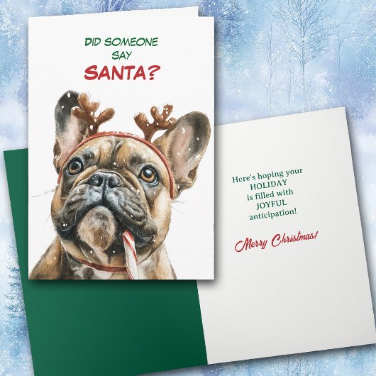 Cute Reindeer French Bulldog Looks for Santa Feestdagen Kaart