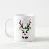 Cute Reindeer Girl Green Bow Eigen naam Kerstmis Koffiemok (Links)