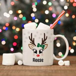 Cute Reindeer Girl Green Bow Eigen naam Kerstmis Koffiemok