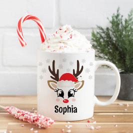 Cute Reindeer Girl Santa Hat Custom Name Kerstmis Koffiemok