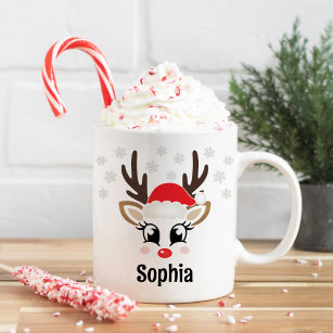 Cute Reindeer Girl Santa Hat Custom Name Kerstmis Koffiemok