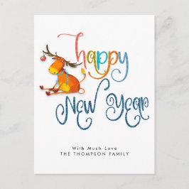 Cute Reindeer Glitter Happy Nieuwjaar Briefkaart