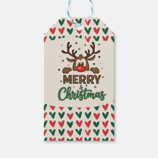 Cute Reindeer Heart Pattern  Christmas Gift Tag Cadeaulabel (Voorkant)
