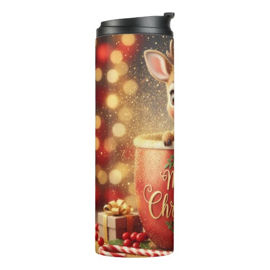 Cute Reindeer in a Merry Christmas Mug Thermosbeker (Gedraaid links)