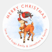 Cute Reindeer in Santa Hat Name Merry Kerstmis Ronde Sticker (Voorkant)