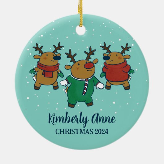 Cute Reindeer Kerstfeest Joy Snowy Winter Holiday Keramisch Ornament (Achterkant)