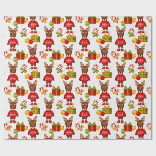 Cute Reindeer Kerstmis Pattern Cadeaupapier (Vlak)
