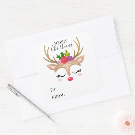 Cute Reindeer Kerstmis Square Sticker (Envelop)