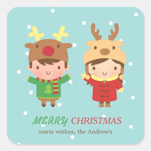 Cute Reindeer Kinder Merry Kerstparty Favors Vierkante Sticker (Voorkant)