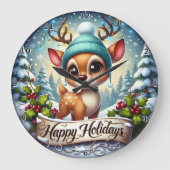 Cute Reindeer Lights Happy Holidays Grote Klok (Voorkant)