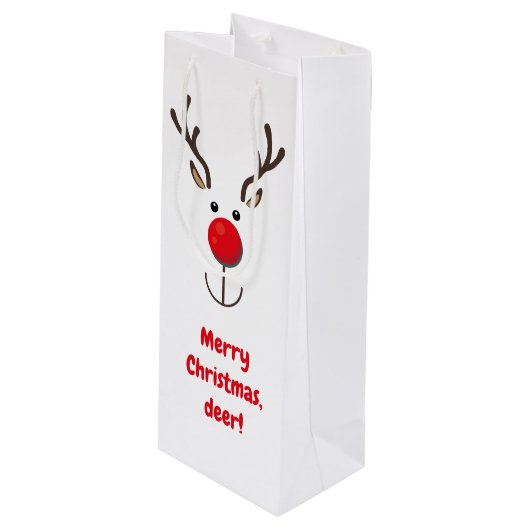 Cute Reindeer "Merry Kerstmis, herten" Wijn Wijn Cadeautas (Voorkant Gekanteld)