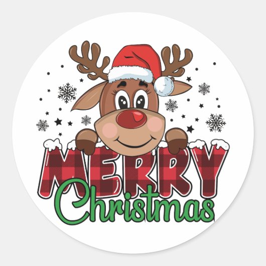 Cute Reindeer Merry Kerstmis Ronde Sticker (Voorkant)