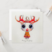 Cute Reindeer Merry-Waterverf voor kerstmis Kaart (Voorkant / Achterkant in situ)