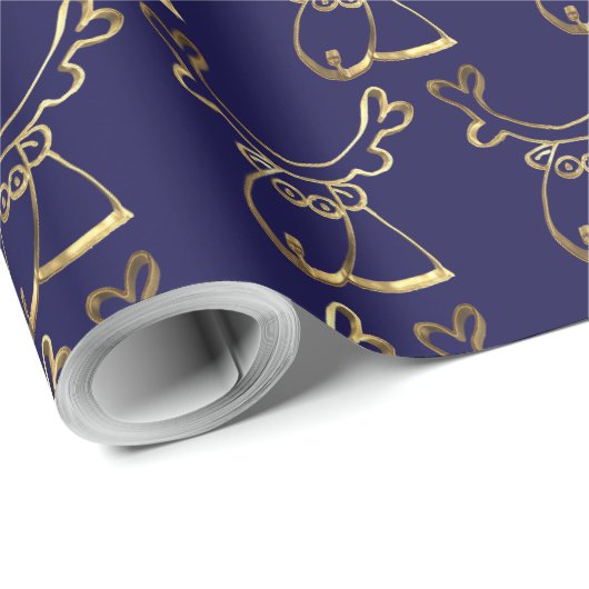 Cute Reindeer Pattern Faux Gold Blue Kerstmis Cadeaupapier (Rol Hoek)