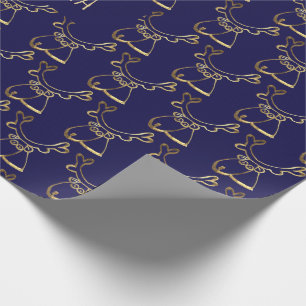 Cute Reindeer Pattern Faux Gold Blue Kerstmis Cadeaupapier