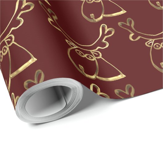 Cute Reindeer Pattern Faux Gold Maroon Cadeaupapier (Rol Hoek)