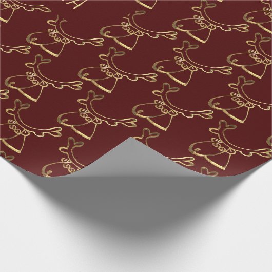 Cute Reindeer Pattern Faux Gold Maroon Cadeaupapier (Hoek)