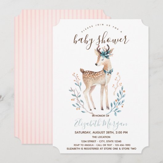 Cute Reindeer Pink Stripes Baby shower Kaart (Voorkant / Achterkant)