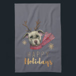 Cute Reindeer Pit Bull Terrier Dog Kerstmis Theedoek<br><div class="desc">Waterverf en kleurenpotlood illustratie van een schattige Amerikaanse pit-stier met rode sjaal en geweien. Er staat "Prettige feestdagen" in het glanzende goudlettertype onder de hond.</div>