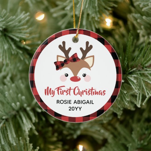 Cute Reindeer Pset Bow 1 kerstfoto Baby Keramisch Ornament (Boom)
