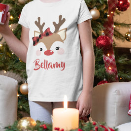 Cute Reindeer Pset Bow Name in Red Kerstmis T-shirt