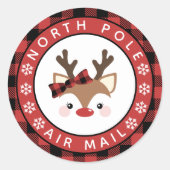 Cute Reindeer Pset Bow North Pole Air Mail Ronde Sticker (Voorkant)
