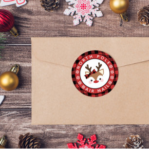 Cute Reindeer Pset Bow North Pole Air Mail Ronde Sticker