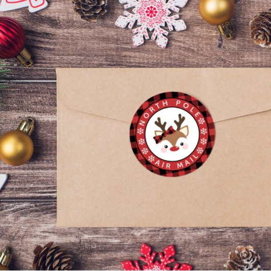 Cute Reindeer Pset Bow North Pole Air Mail Ronde Sticker
