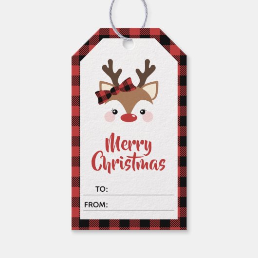 Cute Reindeer Red Pset Merry Kerstmis van Cadeaulabel (Voorkant)