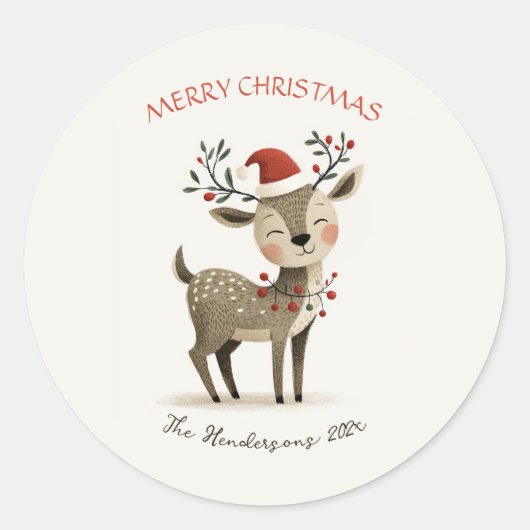 Cute Reindeer Retro Christmas Ronde Sticker (Voorkant)