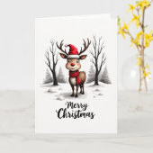 Cute Reindeer Santa Hat Red Scarf Merry Christmas Kaart (Gele Bloem)