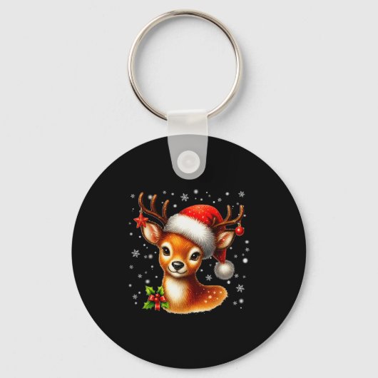 Cute Reindeer Santa Hat Rednose Christmas Xmas Wom Sleutelhanger (Voorkant)