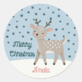 Cute Reindeer Snowflakes Drawing Name Christmas Ronde Sticker (Voorkant)