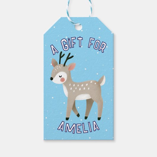 Cute Reindeer Snowflakes Kid`s Name Christmas Cadeaulabel (Voorkant)
