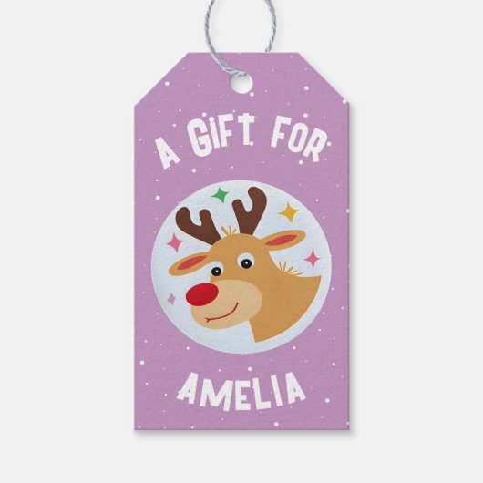 Cute Reindeer Snowflakes Kid`s Name Christmas Cadeaulabel (Voorkant)
