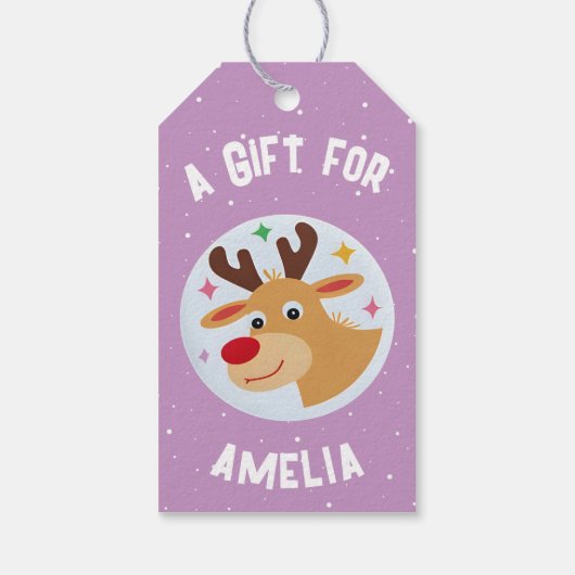 Cute Reindeer Snowflakes Kid`s Name Christmas Cadeaulabel (Achterkant)