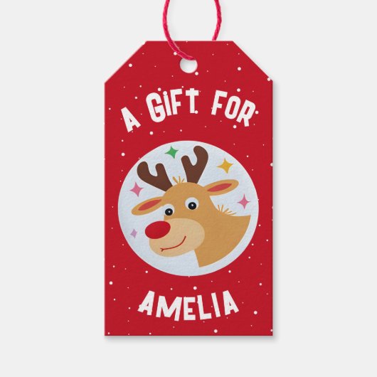 Cute Reindeer Snowflakes Kid`s Name Christmas Cadeaulabel (Voorkant)