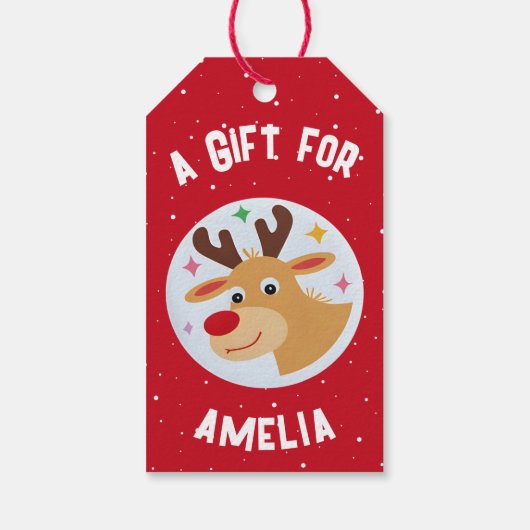 Cute Reindeer Snowflakes Kid`s Name Christmas Cadeaulabel (Achterkant)