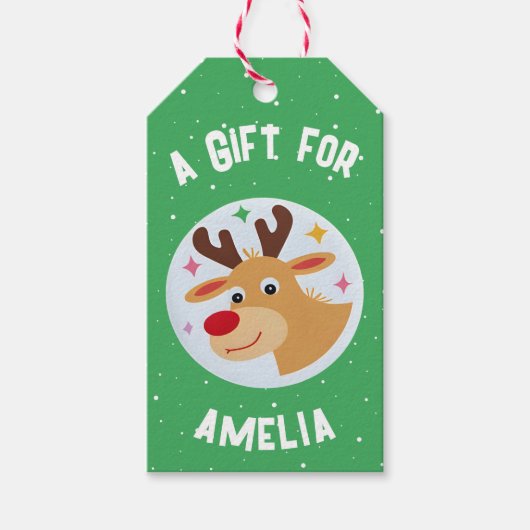 Cute Reindeer Snowflakes Kid`s Name Christmas Cadeaulabel (Voorkant)
