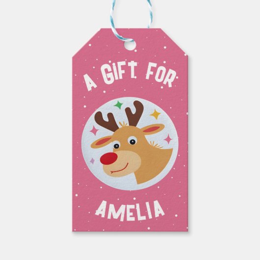Cute Reindeer Snowflakes Kid`s Name Christmas  Cadeaulabel (Voorkant)
